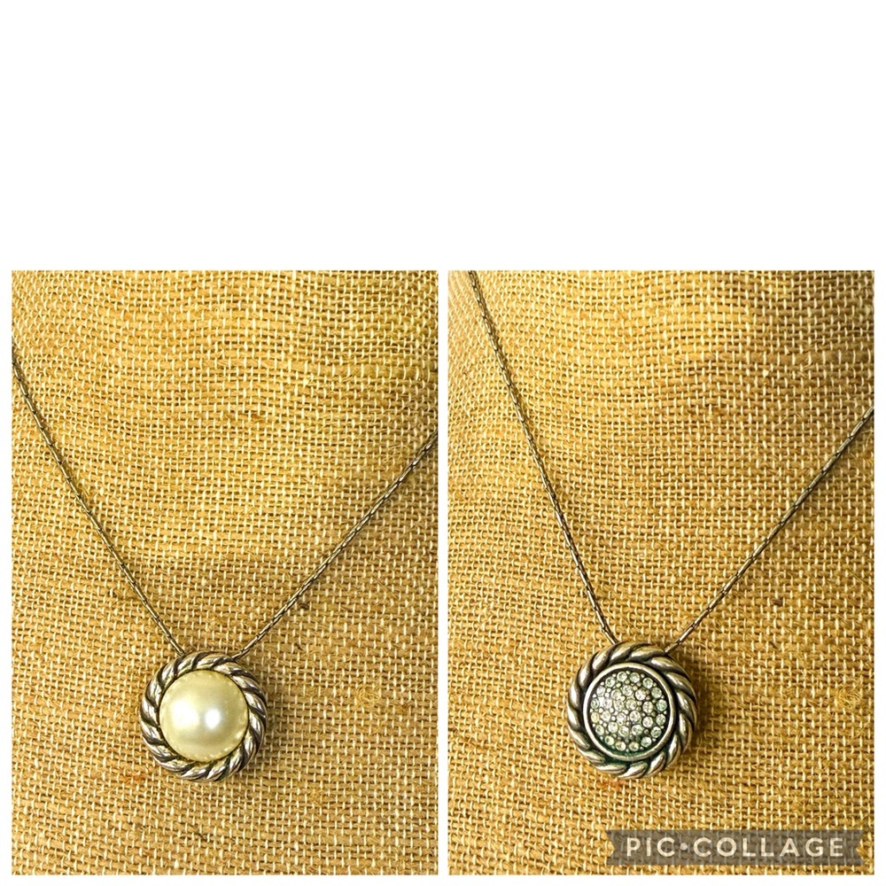 BRIGHTON Magic Pearl Silver Roped Edge Crystal Circle Pendant Necklace Elegant